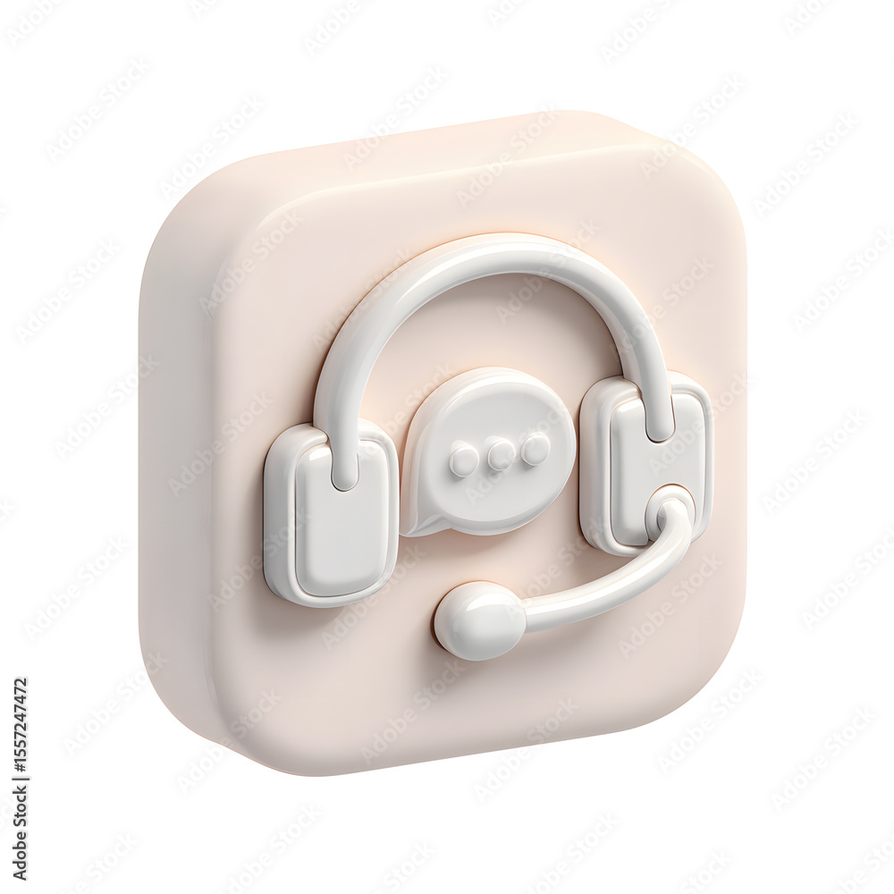 Fototapete 3D rendering of a headset icon with a speech bubble, set on a rounded square, isolated on white.