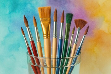 Fototapeta premium Close-up of paint brushes inside a glass container