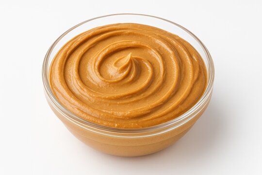 Creamy peanut butter served on a glass dish