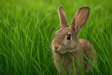 Fototapeta premium Furry Bunny Concealed Among Tall Verdant Grass