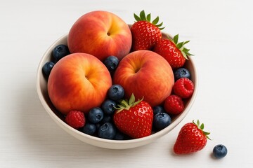 Fruits in a bowl on the table, featuring peaches and berries
