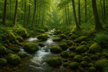 Obraz premium Tranquil woodland creek meanders through vibrant foliage and mossy stones.