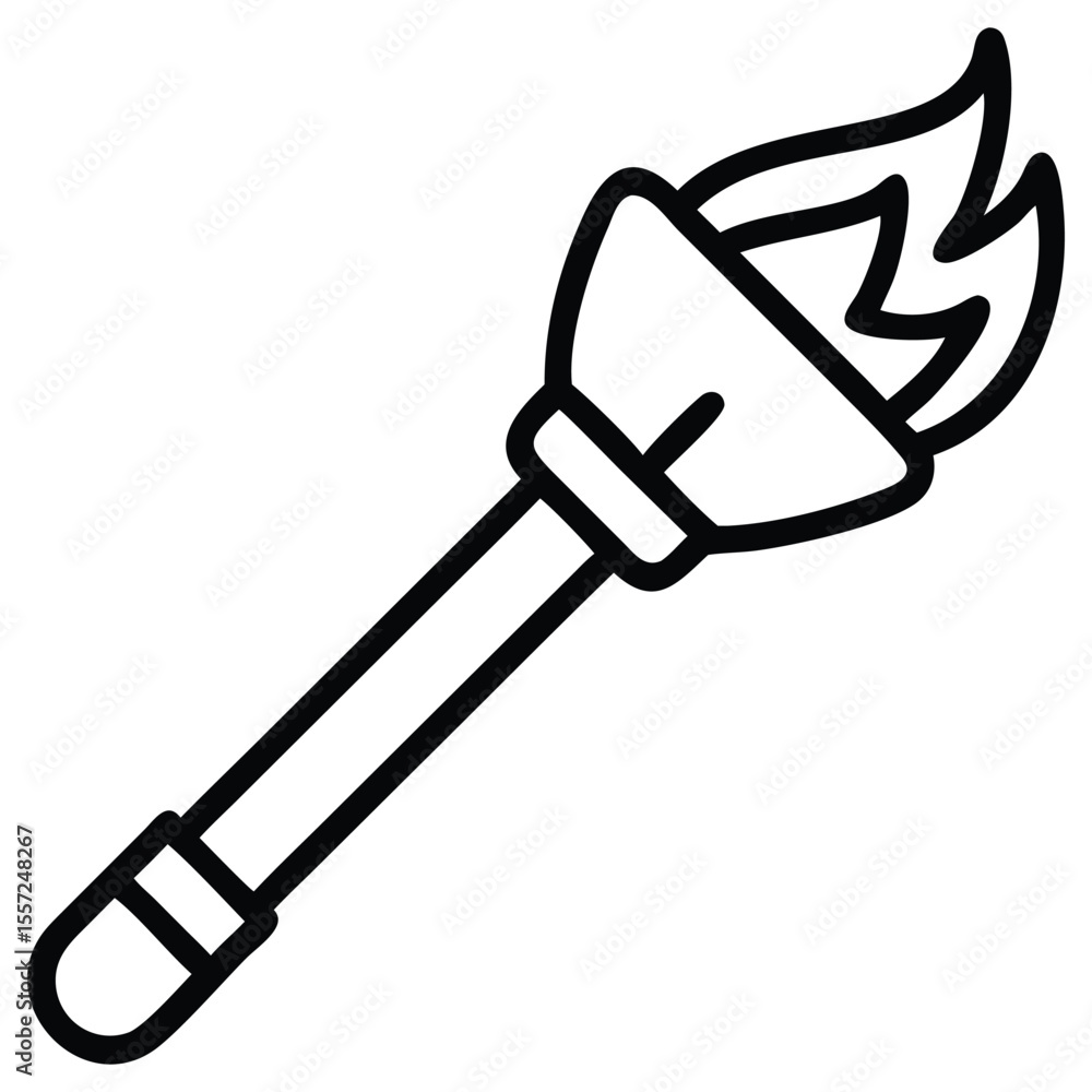 Poster torch with burning flame in simple black outline style