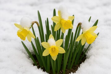 Naklejka premium Bright yellow spring daffodils blooming in a snowy garden scene