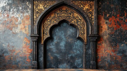 Ornate archway against a distressed wall.