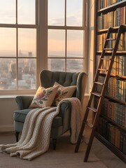 Cozy Reading Nook: The scene portrays a tranquil reading space, filled with natural light pouring through a large window, illuminating a comfortable armchair, a ladder, a bookshelf.