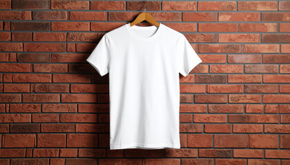 White T Shirt Hanging on Brick Wall Background for Apparel Mockup and Display