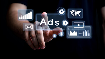 Finger Touching Virtual Ads Interface Showing Growth Statistics, Communication, World Map and Video