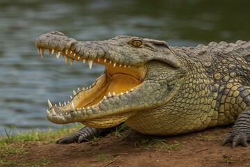 Fototapeta premium Close-up of a large crocodile with its mouth wide open, resting on the riverbank