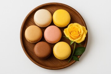 Obraz premium Delicious French treat and a vibrant yellow flower displayed on a rustic wooden tray from an overhead perspective