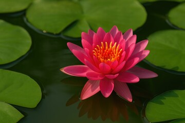 Vibrant pink-red waterlily blooming in a large urban park pond