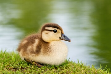 Obraz premium Close-up of a waterfowl chick relaxing by the water's edge