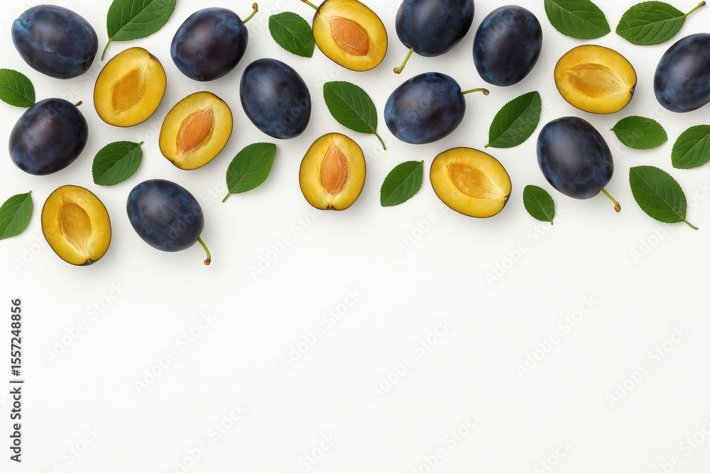 Poster white background featuring plums with leaves and space for text, viewed from above in a flat lay sty