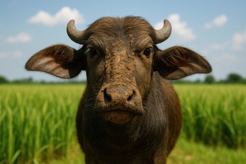 Portrait of a young buffalo with a mud-covered face in a tropical farming setting
