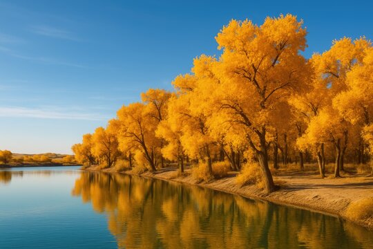 Autumn scene of a Populus euphratica woodland beside a lake in a remote region