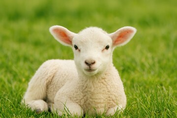 Obraz premium A peaceful lamb resting in a grassy field portrait