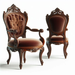  Victorian Side Chair with Velvet Seat Cushion and Carved Mahogany Frame, Isolated on a Pure White Background in a Classic Antique Furniture Style