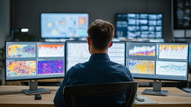 data analyst reviewing graphs on multiple monitors