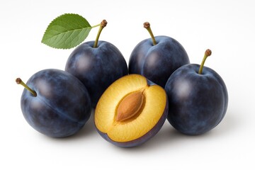 White background featuring isolated plums