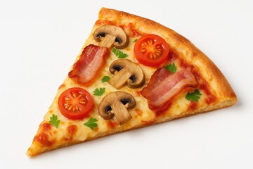 Sliced pizza topped with bacon, mushrooms, tomatoes, and fresh herbs on a white background