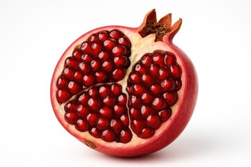 Juicy pomegranate half on a plain white backdrop