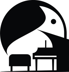 Elegant Monochrome Illustration Bird at a Piano