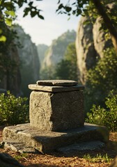 Stone Pedestal in Lush Forest Landscape – Natural Outdoor Scene