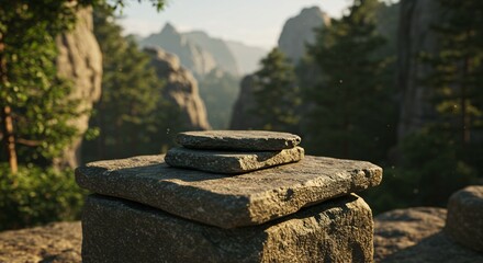 Stone Pedestal in Lush Forest Landscape – Natural Outdoor Scene