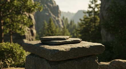 Stone Pedestal in Lush Forest Landscape – Natural Outdoor Scene