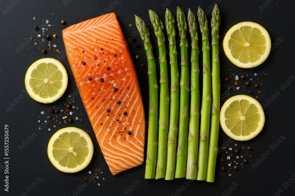 Poster ideal setup for baking salmon with asparagus, lemon slices, and spices on a dark surface from a top-