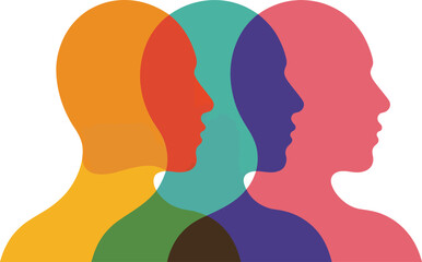 Overlapping head silhouettes in bright colors represent communication, diversity, or mental health in an abstract and artistic graphic design.