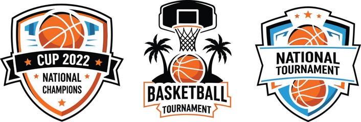 Three basketball tournament logos with different designs and colors