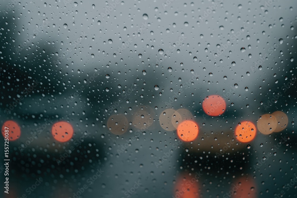 Poster raindrops on a window with blurred vehicle lights in the background