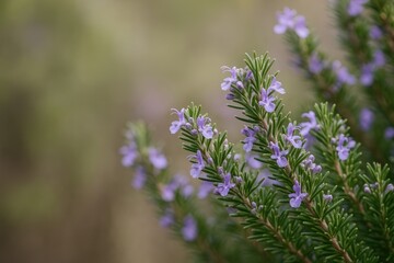 Obraz premium Close-up of purple floral branches from a rosemary shrub with blank space for a card