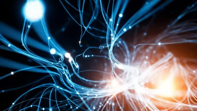 Futuristic technology themed background featuring fiber optic network connection. Ultra high speed broadband for streaming data worldwide. 4k video