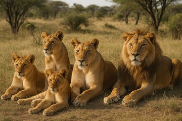 Naklejka premium Majestic lions relaxing in a protected wildlife reserve
