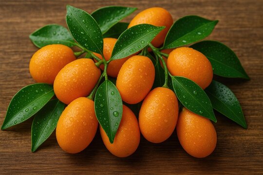 Fresh and Juicy Kumquats with Water Droplets on Wooden Surface, Emphasizing Healthy Organic Nutrition - Powered by Adobe