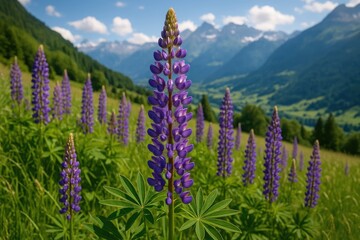 Violet lupines flourishing in a scenic mountain landscape