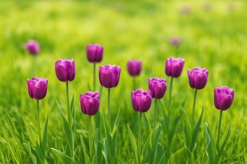 Fototapeta premium Springtime scene featuring purple tulips blooming on a lush lawn