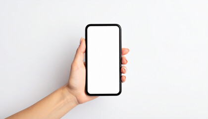 Woman hand holding modern smartphone mockup with blank screen on white background


