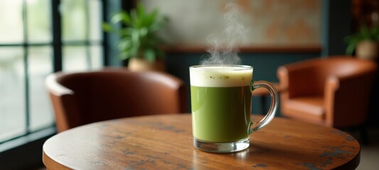 A steaming cup of matcha latte sits on a rustic wooden table in a cozy café. 