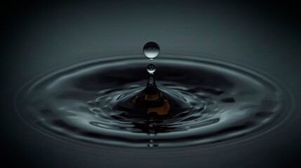 A dramatic close-up of a single water droplet captured in mid-air as it creates ripples on a dark, reflective surface.