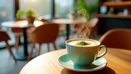 A steaming cup of matcha latte sits on a rustic wooden table in a cozy café. 
