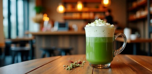 A steaming cup of matcha latte sits on a rustic wooden table in a cozy café. 