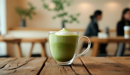 A steaming cup of matcha latte sits on a rustic wooden table in a cozy café. 