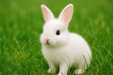 Close-up of a small white rabbit amidst green grass