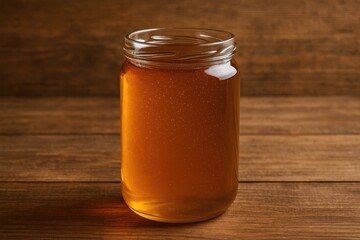 Pure honey stored in a tall glass jar on a rustic wooden surface