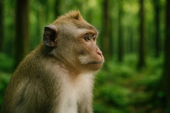 Close-up of a macaque in a jungle environment