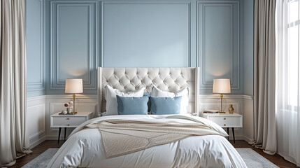 A tranquil bedroom with a pale blue accent wall above classic white wainscoting, featuring a light gray upholstered headboard, soft white bedding, and clean-lined nightstands.