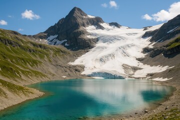 Frozen lake close to Gemsfairenstock mountain in the Glarus region. Summer causes rapid glacier retreat. Travel inspiration. High-quality image.